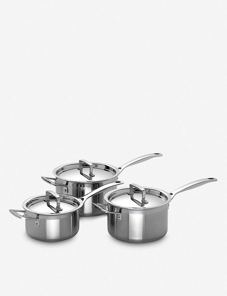 LE CREUSET Set of Three 3-Ply Stainless Steel Saucepans